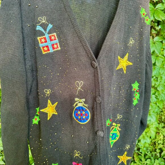 Vintage 90's Basic Editions Black Bedazzled Christmas Sweater Cardigan 3XL - Picture 2 of 7